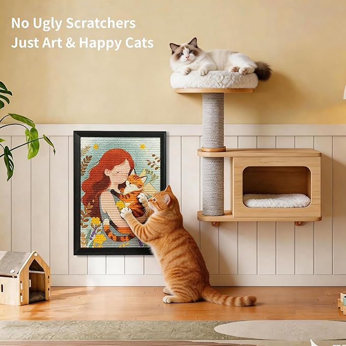 Art Cat Scratcher, Wall Mounted Sisal Cat Scratcher for Indoor Cats 17.01x13.1x1.18 Inches, Furniture Protector, Cat Scratch Rug, Decorative Cat Wall,Easy Install,No Drilling