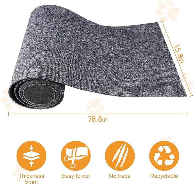 78”x15.8” Trimmable Cat Scratching Post Carpet Cover Cat Scratcher Mat Self-Adhesive Tree Shelves Replacement Parts Mat Cat Scratcher Couch Furniture Protector for Indoor Cats (78.8"*15.8",Dark Grey)