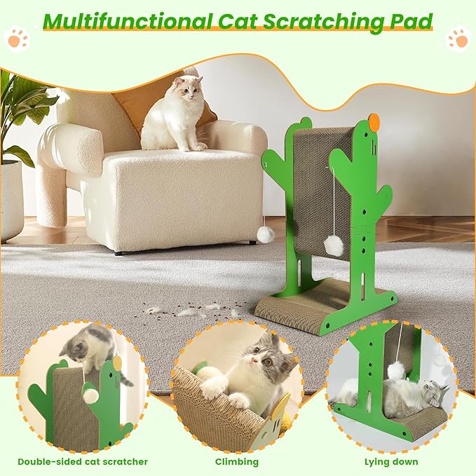 Cat Scratcher, 2-Sided Cat Cardboard Scratcher, T Shaped Vertical Cat Scratcher for Wall and Couch Protection, Cat Scratching Post with 2 Toys for Indoor Cats