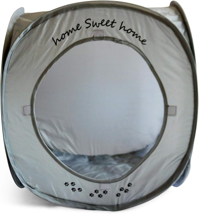 Feline Ruff Home Sweet Home Pop Up Cat Cube. A Collapsible Indoor Cat House. Covered Pet Bed Hideaway Cave for Dogs and Other Pets Too. (Pop Up Cube- Gray)