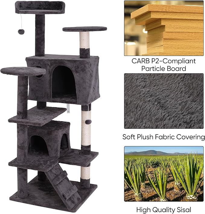 LEMY 54 Inch Cat Tree,Multi-Level Cat Tower Condo for Indoor Kittens,Dark Grey Cat House with Sisal-Covered Scratching Post for Cats to Play and Sleep