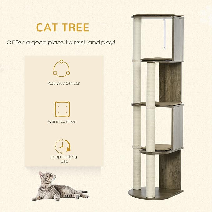 65" Corner Modern Cat Tree Tall for Climbing Large Multilevel Cat Tower with Scratching Posts Small-Fit Kitten Tower with Sisal Cream White