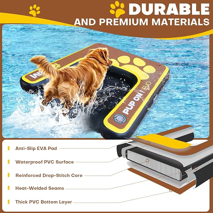 Beyond Marina Dog Pool Ramp - Inflatable Dog Water & Boat Ramp for Lake, Floating Pontoon Dock Ladder with Non-Slip EVA, PUP ON Full EVA, Extra Large 59" x 47" x 6", Teak/Yellow, Supports 230 lbs