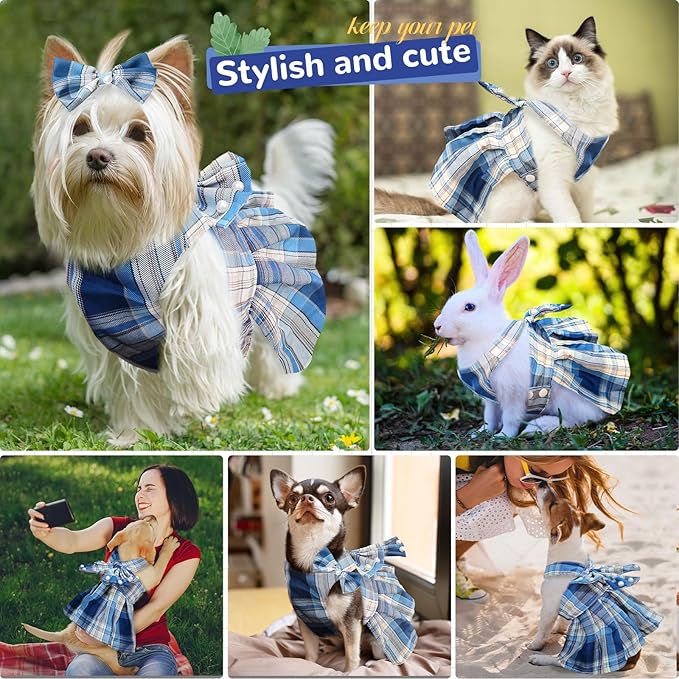 PETCARE Cute Dog Dress Clothes for Small Dogs Cats Girl Female Blue Plaid Bow Tie Dog Harness Dresses Leash Set with Pearls Bow Accessories Birthday Puppy Dress Shih Tzu Yorkies Chihuahua Outfits