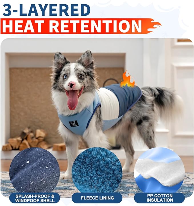 Reversible Dog Winter Coat, Waterproof Warm Fleece Sweater Windproof Lightweight Pet Snow Jacket for Medium Large Dogs with Double Ended Zipper, Cold Weather Dog Coat,Blue,XL