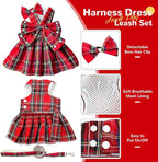 PETCARE Cute Dog Dress Clothes for Small Dogs Cats Girl Female Red Plaid Bow Tie Dog Harness Dresses Leash Set with Pearls Bow Accessories Birthday Puppy Dress Shih Tzu Yorkies Chihuahua Outfits