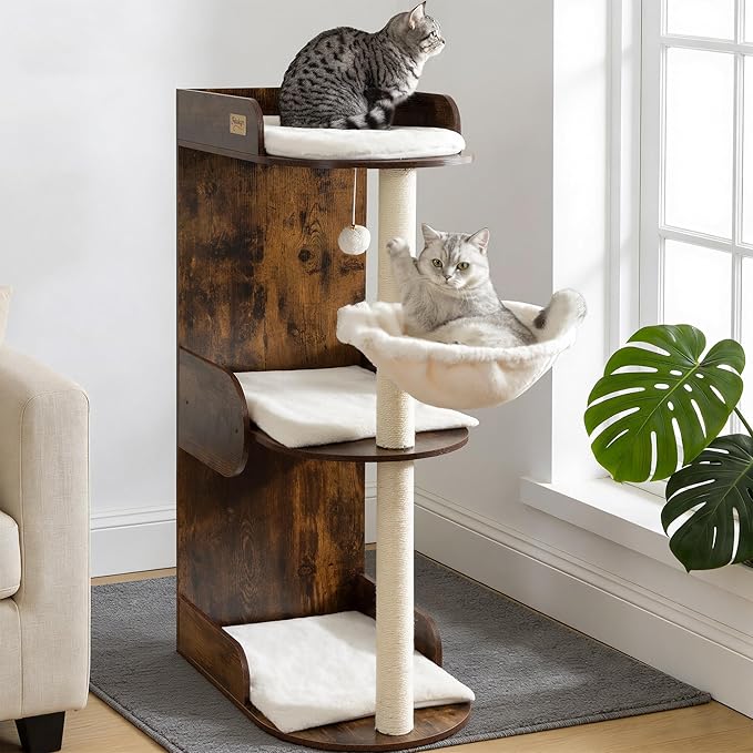 cfor Indoor Large Cats, Cat Scratching Posts with Big Perch Bed, Wooden Cat Condo with Hammock, Removable Pads, Kitty Furniture, Rustic Brown