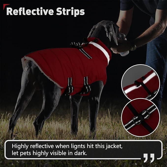 Dogcheer Dog Coat with Harness, Waterproof Dog Jacket Adjustable Pet Winter Coat with Zipper, Christmas Puppy Snow Jacket Fleece Sweater for Small Medium Large Dogs - Red S