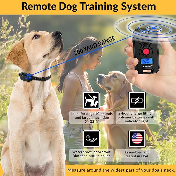 Educator FOB 300 Yard Dog Training Collar with Remote and Finger Button, Humane Stimulation, Pavlovian Tone, Waterproof, Odorproof Biothane Collar, Night Light, Rechargeable, 1 Dog (USA Only), Black