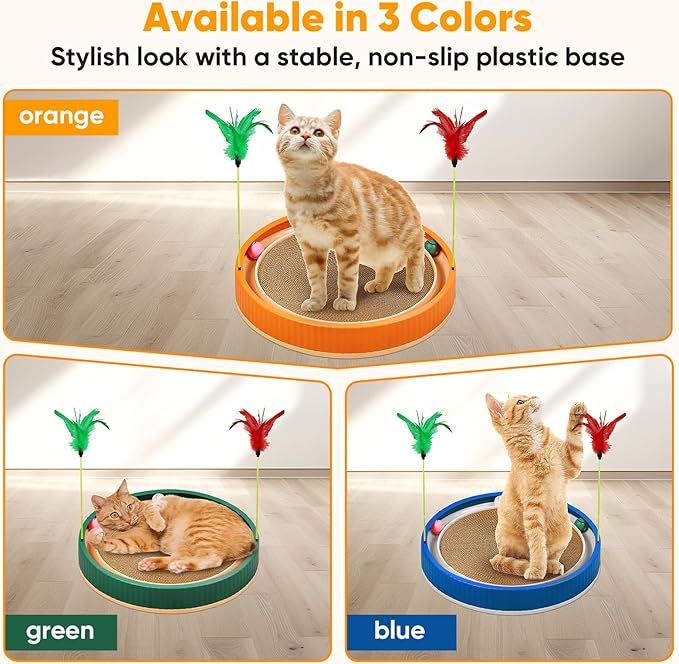 Extra-Large Round Cat Scratcher Bed with Ball Track – 3-in-1 Circular Cardboard Scratching Pad with Feather Toys – Interactive Cat Toy Round Track for Large Breeds Like Maine Coons (Orange)