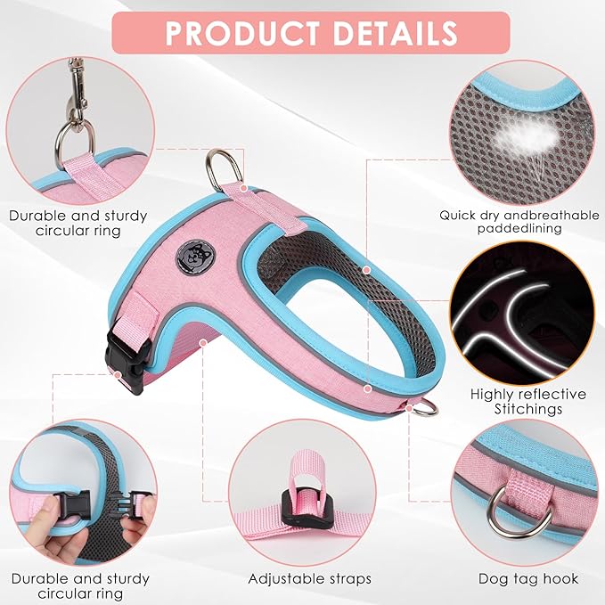 Dog Harness and Leash Set, No Pull Saddle Style Pet Harness, Breathable Mesh Adjustable Reflective Dog Vest for Dogs and Cat Medium Small Harness 2 D-Rings (Pink, XS)