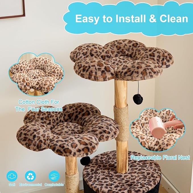 Modern Floral Cat Tree Tower with Real Wood Branch| Multi-Level Cat Tower with Scratching Posts | Cute Aesthetic cat Tree with Luxury cat condo for Indoor Cats (Leopard Flora)