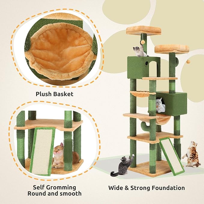 DWVO Cactus Cat Tree for Large Cats: 76" Tall with Self-Grooming Brush, Cute Kitten Climbing Tower for Indoor Kittens with Cat Condo, Top Perch, Basktet, Sisal Scratching Posts, Dangling Ball