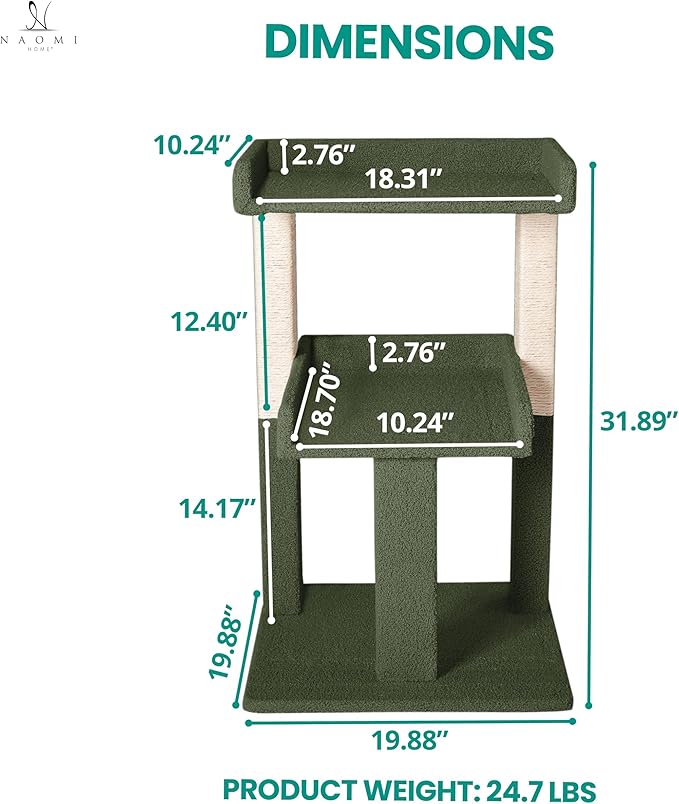Lulu Large Cat Tree Tower with 2 Spacious Platforms, Sturdy Multi-Cat Condo with Sisal Scratching Posts, Stable Anti-Tip Design for Indoor Cats