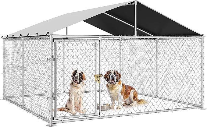DWVO Outdoor Dog Enclosure with Roof, 10'x10' Dog Kennel Outside with Metal Gate, Dog House Large Dogs for Yard