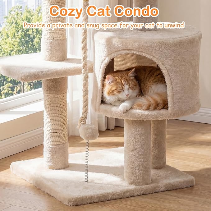 Tangkula 36 Inch Cat Tree Tower, Multi-Level Cat Tower with Condo, Top Perch, Sisal Scratching Posts & Hanging Rope, Spring & Hanging Balls, Climbing Platforms for Indoor Cats and Kittens (Beige)