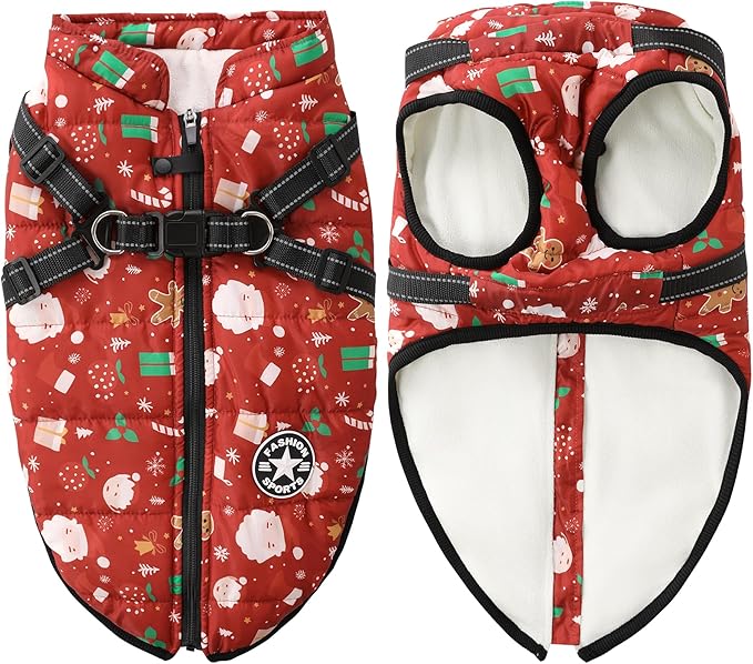 Aiboria Dog Jacket Windproof Fleece Dog Sweater with Padded Vest Chest Strap Harness Dogs Coat Christmas Red XXL