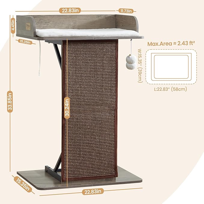 Modern Wood Cat Tree Tower for Indoor Large Cats, 33.8-Inch Tall Wooden Cat Trees with Big Perch Bed, Cat Scratching Pads, Washable Removable Cushions Scratching Mat, Cat Furniture, Greigy