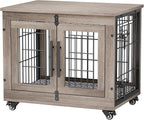 Dog Crate Furniture with Cushion, Wooden Dog Kennel Indoor with Double Doors, Dog Cage with Wheels, Dog House Side End Table for Small Dogs up to 30 lb, 27.2" L, Grey