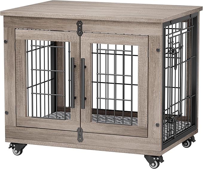 Dog Crate Furniture with Cushion Set of 2, Wooden Dog Kennel Indoor with Double Doors, Dog Cage with Wheels, Dog House Side End Table for Small Dogs up to 30 lb, 27.2" L, Grey