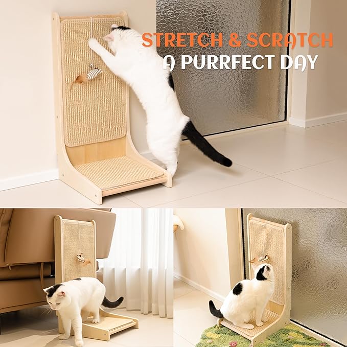 PETKARAY Sisal Cat Scratcher, Upright Cat Scratch Pad Wall Mounted, Vertical Scratching Post Alternative, L Shape Scratching Board 90°