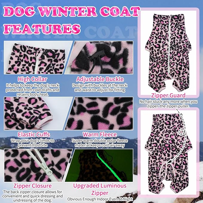 ROZKITCH Dog Warm Pajamas, Pet Windproof Warm Cold Weather Jacket Vest with Luminous Zipper, Jumpsuit Apparel Outfit Clothes for Small Medium Large Dog L-Pink 2XL