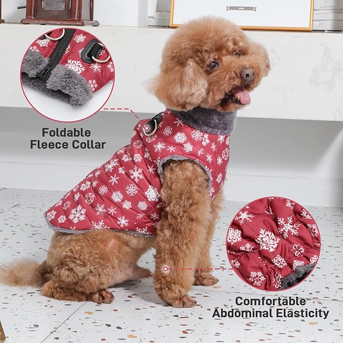 Warm Fleece Dog Coats with Durable Harness Buitl in D-Ring,Waterproof Doggie Jacket for Large Dogs,Dog Vest for Cold Winter,Red,Snow Pattern XXXL