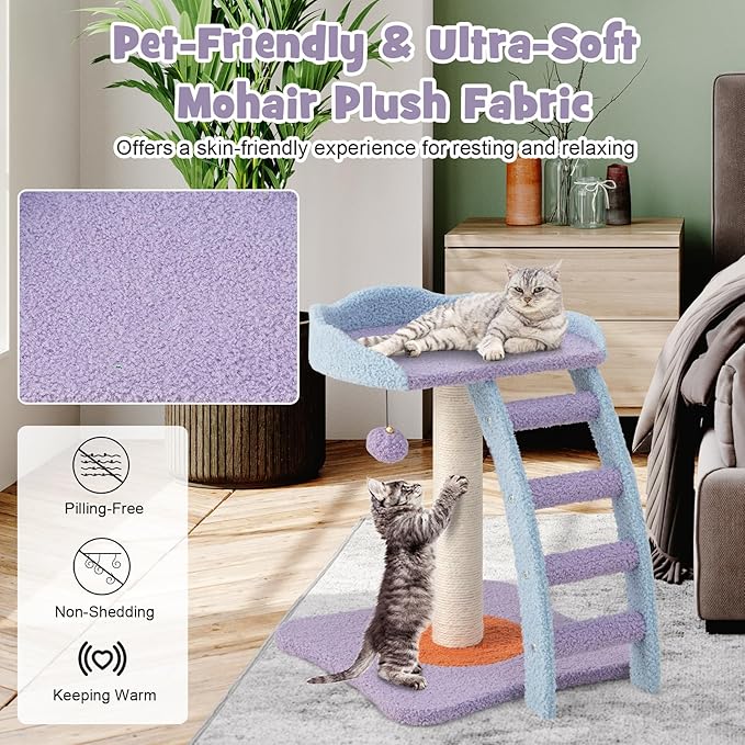 PETSITE Small Cute Cat Tree, 19 Inches Modern Cat Tower for Indoor Cats with Top Perch, Scratching Post, Ladder, Blue Purple