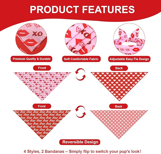 Valentine’s Day Dog Bandanas 2-Pack for Large to X-Large Dogs - Reversible Hearts, Lips & XO Scarf, Pink & Red Pet Accessories for Valentine Gift