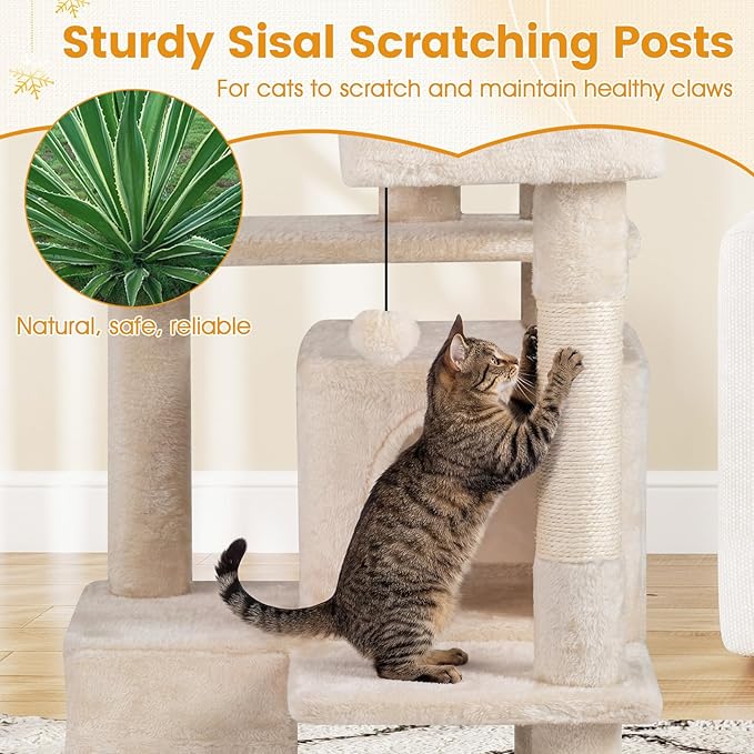 PETSITE 52-inch Cat Tree, Multi-Level Cat Tower with Sisal Scratching Posts, 2 Comfy Condos, Plush Padded Soft Top Perch, Dangling Balls, and Climbing Ladder, Ideal for Indoor Cats (Beige)