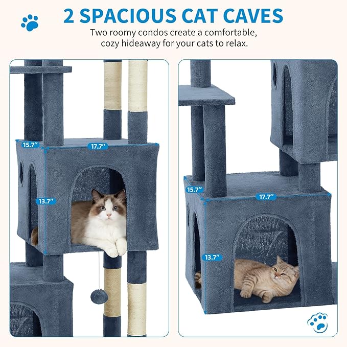 Cat Tree 61" Tall, Sisal Wrapped Scratching Post, Cat Nest, Hanging Ball, Extended Platform