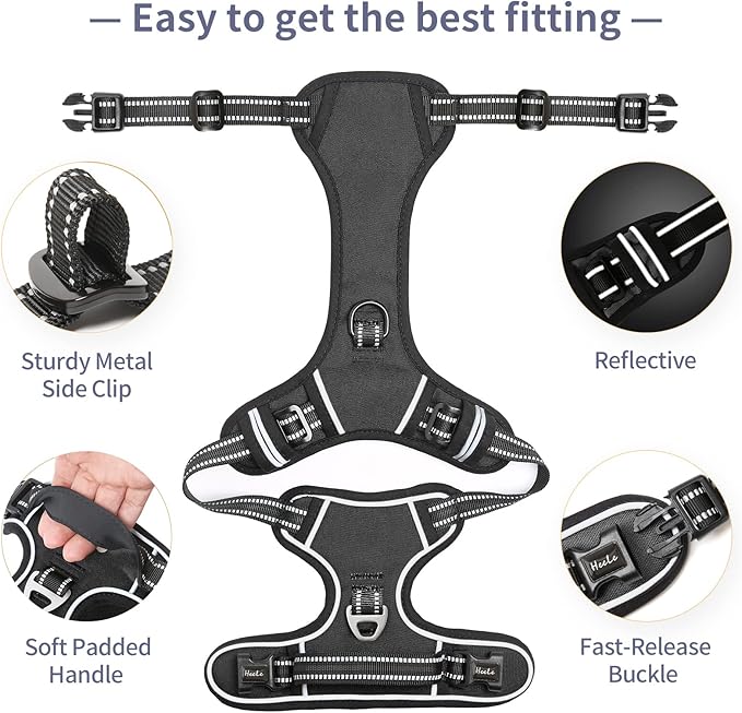 HEELE Dog Harness, No Pull Adjustable Padded Reflective Harness for Small Medium Large Dogs with Handle for Walking Training, Black, L