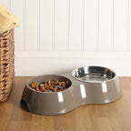 Gibson Home Curious Canines Slow Feeder Dog Bowl Set, Double Bowl with Stainless Steel Insert, Melamine Base, Anti-Gulp Feeding, Food & Water Station, Dishwasher Safe, Taupe