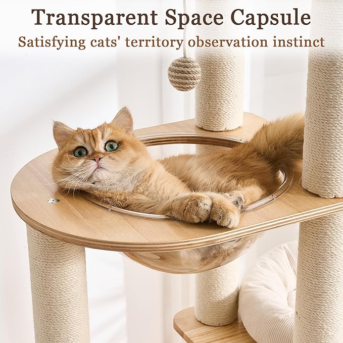 Modern Cat Tree Tower with Scratching Post for Indoor, Solid Wood Multifunctional Cat Tree Tower with Soft Bed, Space Capsule, Sisal Scratching Board, Grooming Post, Dangling Ball