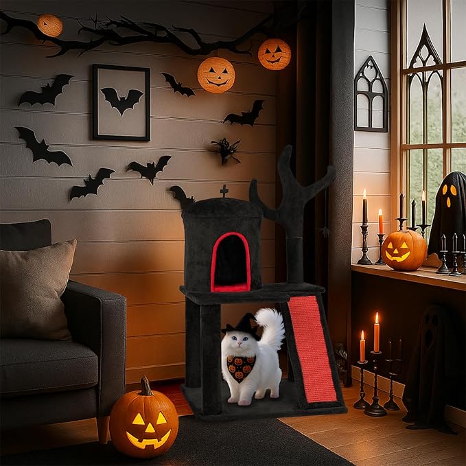 Outvita Gothic Cat Tree,42" Halloween Cat Tower Cat Tree with Spacious Cat Condo, Brach Shaped Scratching Post, Scratching Ladder, Spider Toy for Indoor Cats, Red & Black