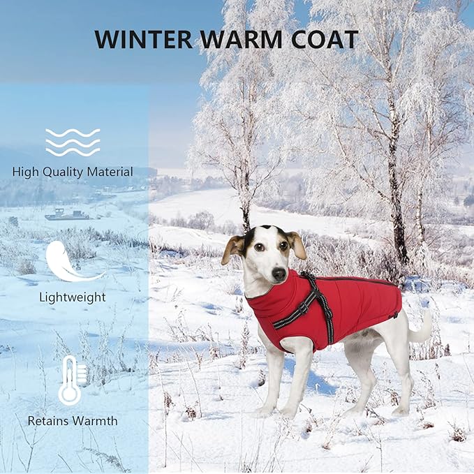 Winter Warm Coat Geyecete Waterproof Jacket with Harness Traction Belt,Pet Outdoor Jacket Dog Autumn and Winter Clothes for Medium, Small Dog-Red-M