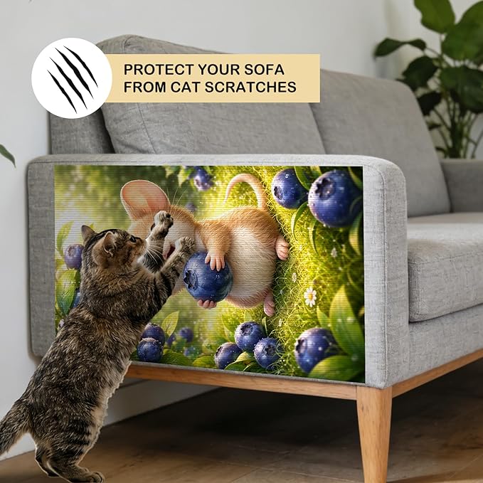 Nuxovilar Cat Scratch Pad 15.3x23.6 Inches Polyester Synthetic Fiber, Cute Mouse & Blueberries Print, wall cat Scratcher, Scratching mat, Home Decor, Kitchen, Pantry (2pcs)