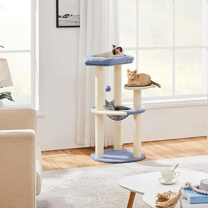 Yaheetech Cat Tree, 35.5in Cat Tower for Indoor Cats, Cat House with Scratching Posts & Padded Perch & Space Capsule, Cute Kitten Tree, Pet Furniture for Kittens, Blue/Beige
