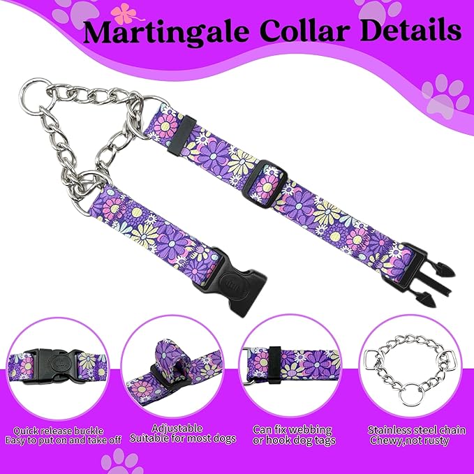 Martingale Dog Collar with Chain Stainless Steel, Nylon Dog Collar Flowers Pattern, Adjustable Training Walking Collar with Quick Release Buckle, Slip Chain Collar for Puppy Medium Large Dogs