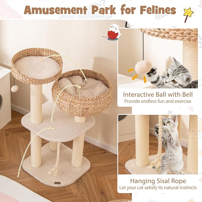 41 Inches Wicker Cat Tree, Modern Cat Tower with Handwoven Cat Condo & Perch, Scratching Post, Dangling Balls and Sisal Rope, Indoor Cat Tree Tower for Large Adult Cats 20 Lbs (White)