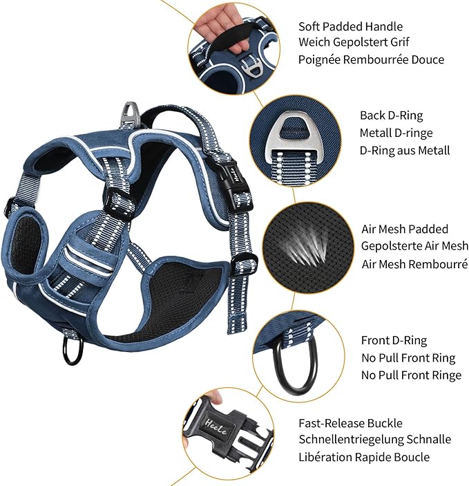HEELE Dog Harness for Medium Dogs No Pull Dog Vest Harness with Soft Padded Handle Reflective for Outdoor Training, Royal Blue, M