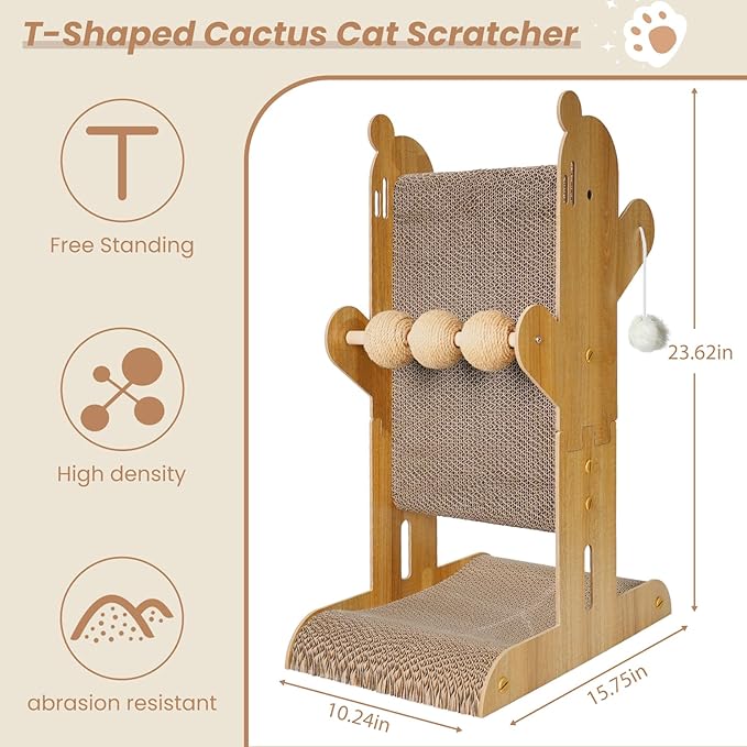 Cat Scratcher,T Shaped Vertical Cat Scratcher for Wall and Couch Protection, Cat Scratching Post with 5 Cat Ball Toys (Burlywood)