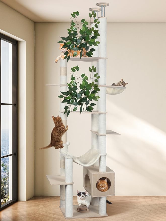 Large Cat Tree Floor to Ceiling Tower, Adjustable Height 77-101 Inches Tall, Climbing Cat Activity Furniture with Thickened Posts, Hammock Bed and Condo for Indoor Cats, White