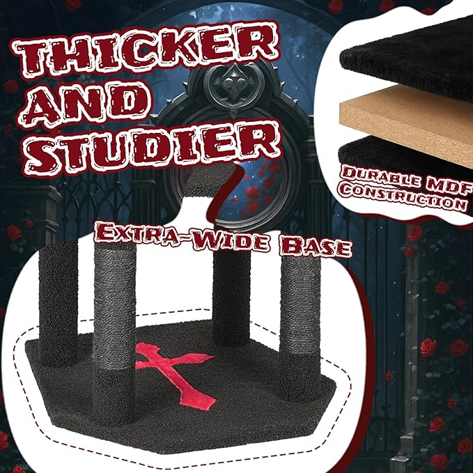 Gothic Halloween Cat Tree Tower, 3-Level Cat Furniture with Coffin Bed & Cross Top, Scratching Posts for Indoor Cats, Black Red Large Cat Tree for Multiple Cats