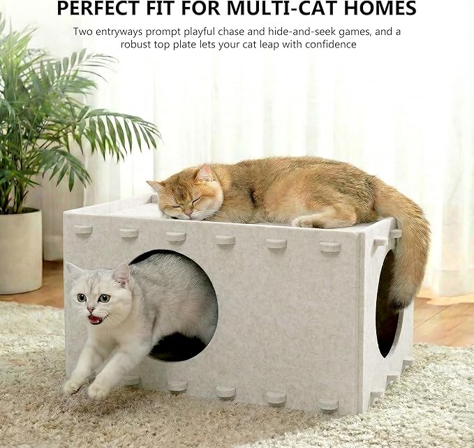 Cat House for Indoor Cats, Foldable Felt Cat Cave, Cat Hideaway, Cat Bed for Large & Multiple Cats, 23.6x15.8x11.8 inch, Cream