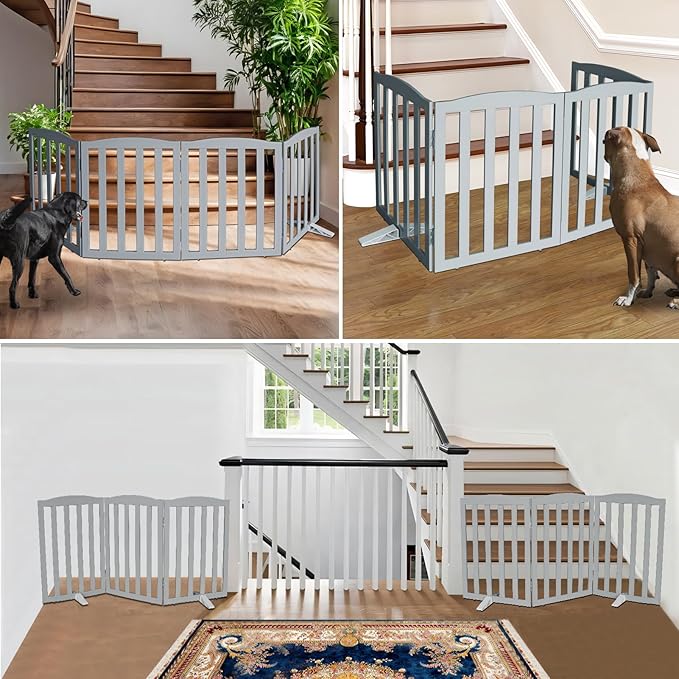 ZJSF Foldable Freestanding Indoor Dog Gate for House Wood Long Pet Gates Dog Fence for Stairs Puppy Gates for Hallways, Puppy Gate,Support Feet Included, Grey, 24 "Height-2 Panels