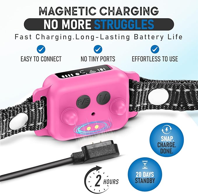 Bark Collar for Small Dogs 5-15 lbs with Magnetic Charging – No Shock, 3 Beep & Vibration Modes, 5 Sensitivity Levels – Humane Stop Anti-Barking Device – Dog Training Bark Collar (Pink)