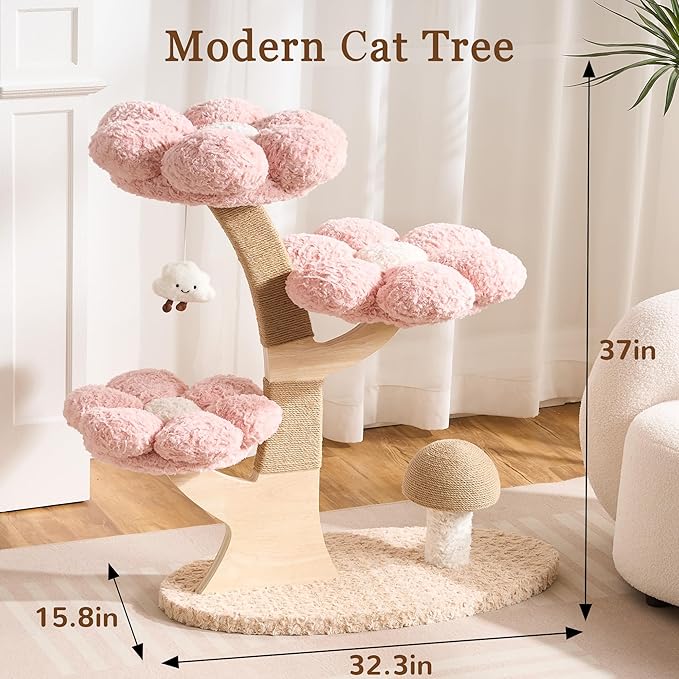 Modern Cat Tree Tower for Indoor Cats Large Adult, 37 inch Flower Cat Tree with Scratching Post, Luxury Aesthetic Cat Tree with Cloud-Soft Flower Perches and Physical Mouse-Sound Hanging Toy