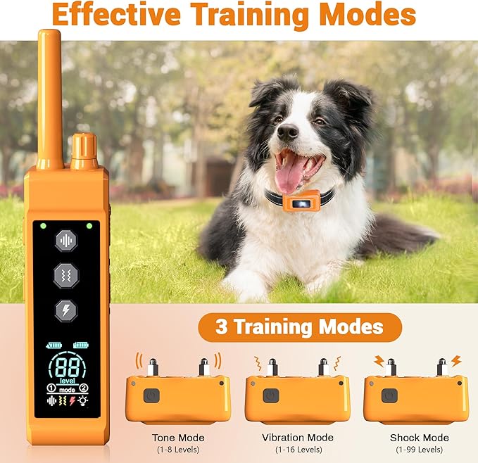 Shock Collar for Dogs - 4265ft Waterproof Training Collar with Flashing Light for Small Medium Large Dogs with Rechargeable Remote, Beep (1-8), Vibration(1-16), Safe Shock(1-99) (Orange)