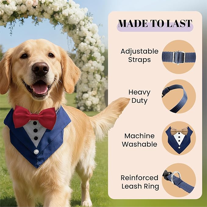 AVERYDAY Dog Tuxedo Bandana Collar for Wedding Outfit, Dog Tux Costume with Bowtie, Pet Harness with Leash Ring for Birthday Party Christmas, Formal Wear Suit and Tie for Small Medium Large Breeds